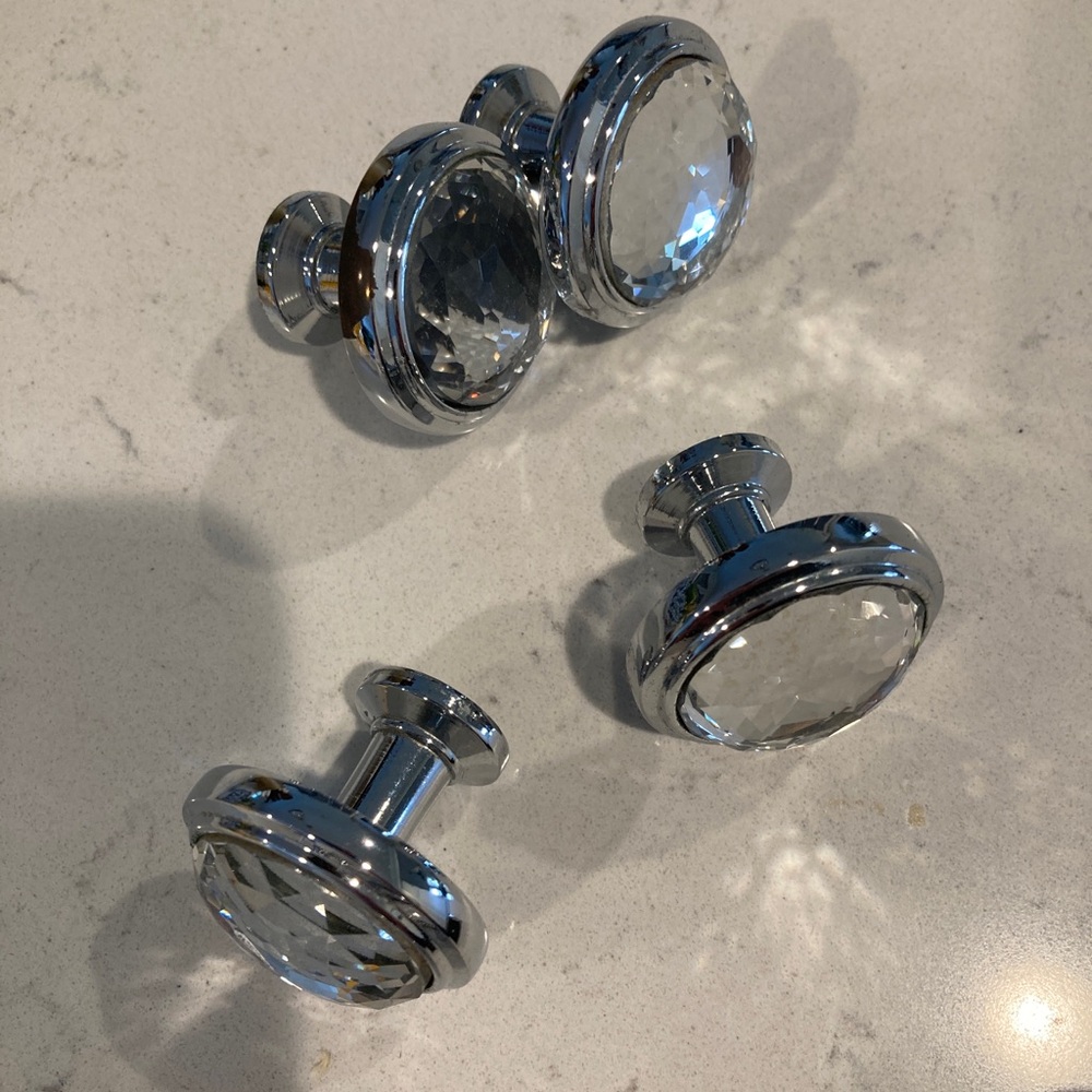Polished Chrome 4” cabinet handles and crystal knobs